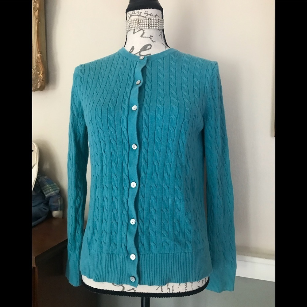 Lands’End Aqua Blue Ribbed Cardigan Sweater M/P